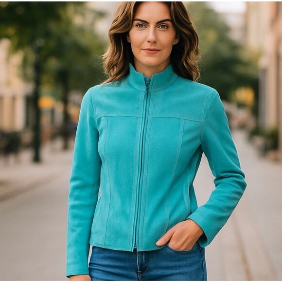 Vtg Yvonne Le Marie Teal Suede Genuine Leather Jacket Size 8 Zip up Lined - Picture 1 of 10